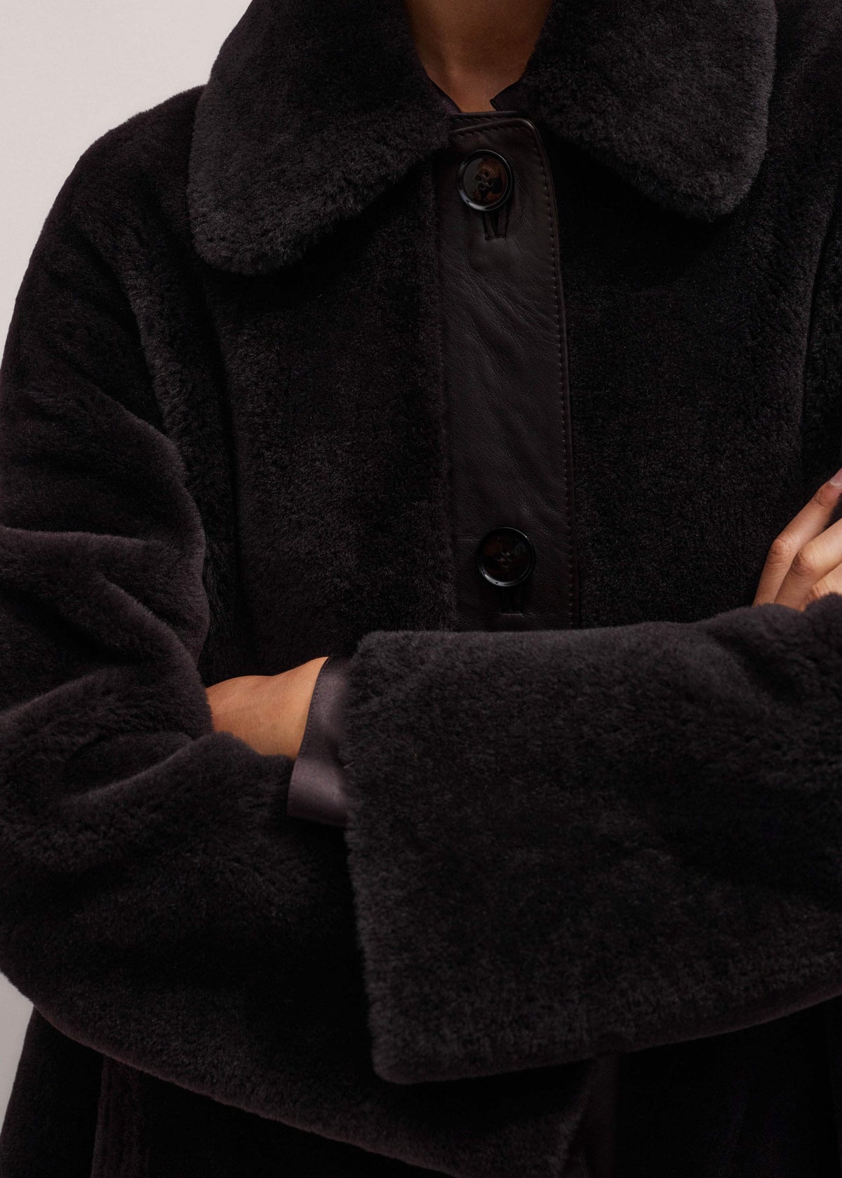 ME+EM Brown Luxe Shearling Leather Mix Swing Coat
