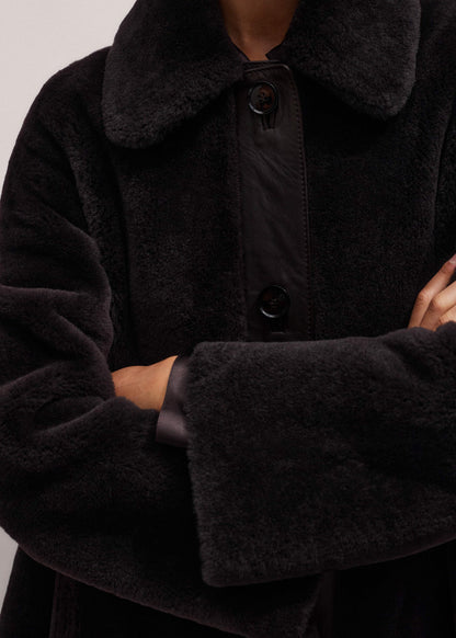 ME+EM Brown Luxe Shearling Leather Mix Swing Coat