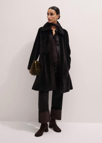ME+EM Brown Luxe Shearling Leather Mix Swing Coat