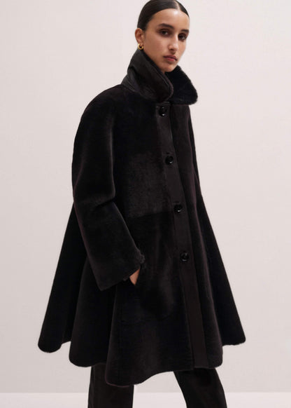 ME+EM Brown Luxe Shearling Leather Mix Swing Coat