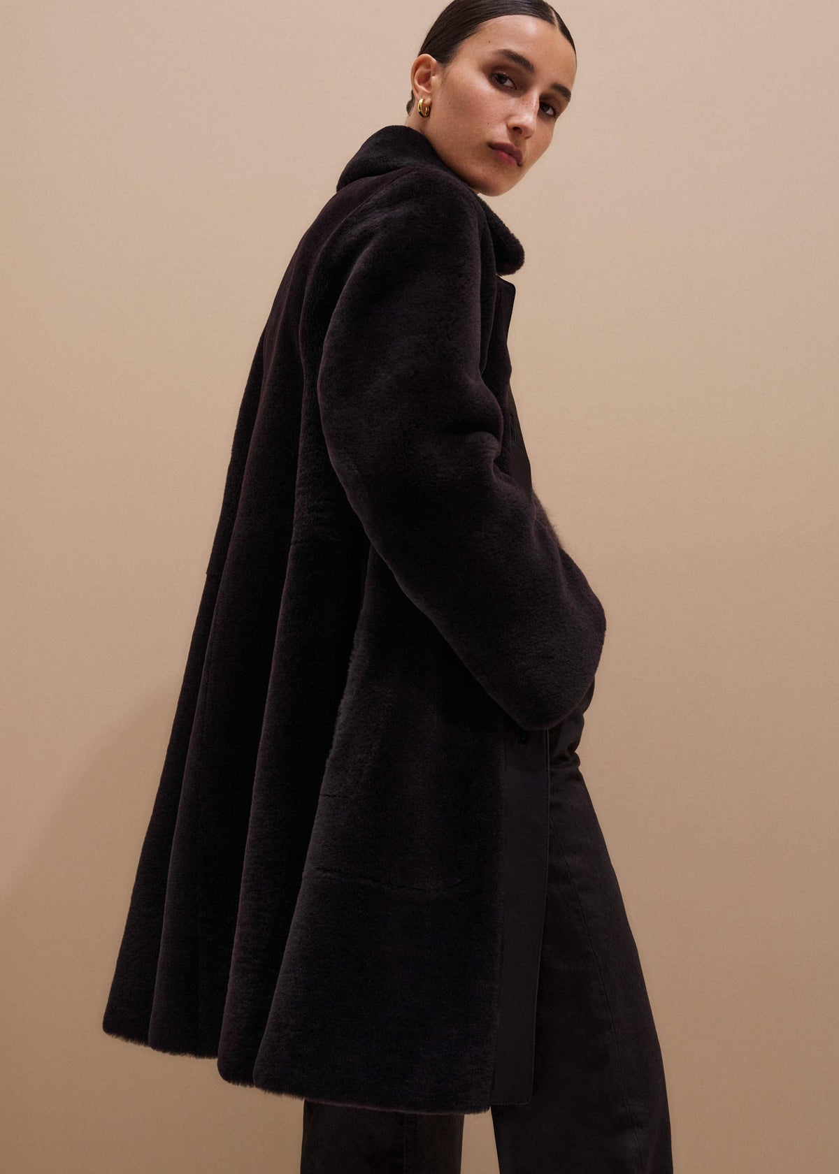 ME+EM Brown Luxe Shearling Leather Mix Swing Coat