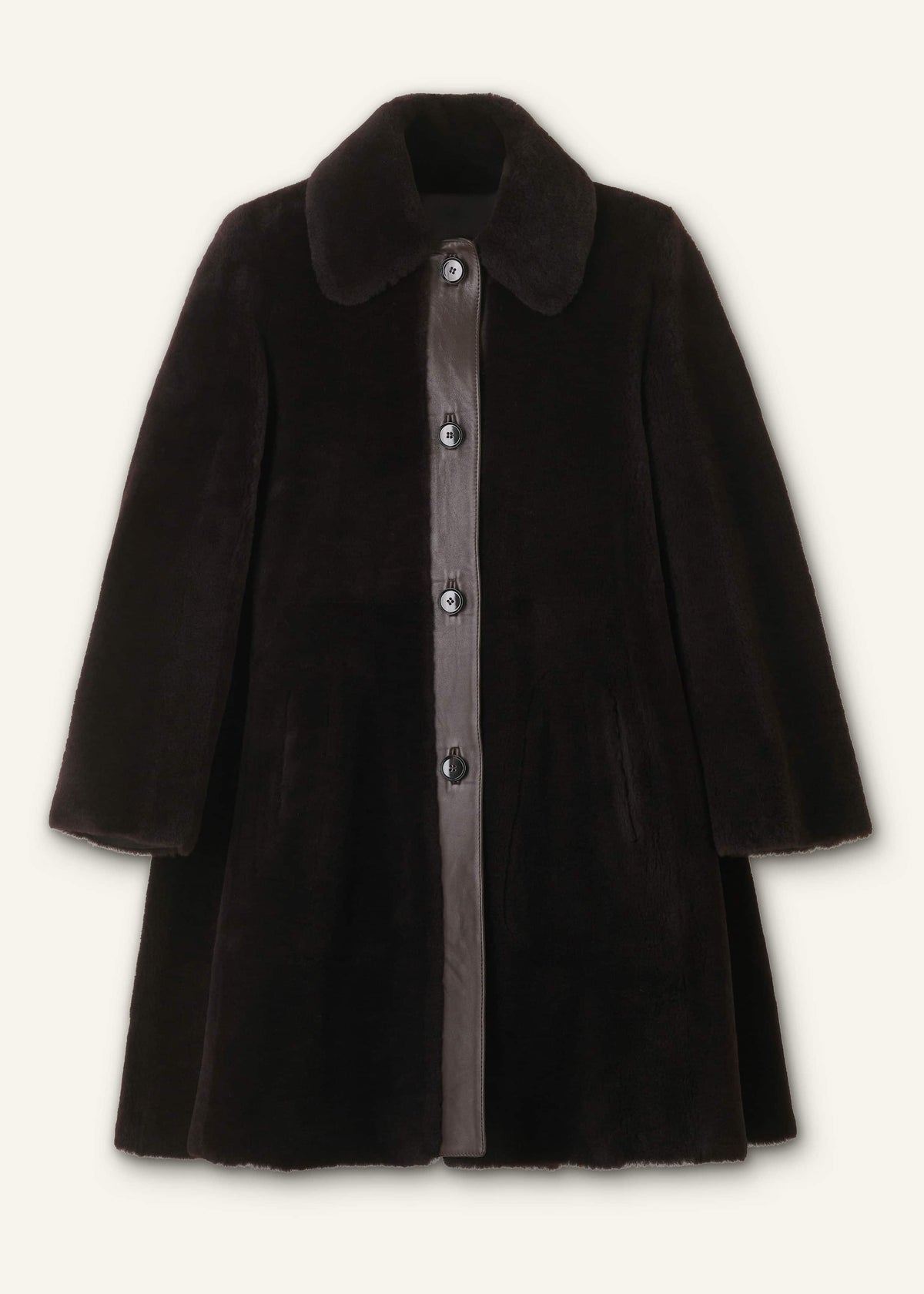 ME+EM Brown Luxe Shearling Leather Mix Swing Coat