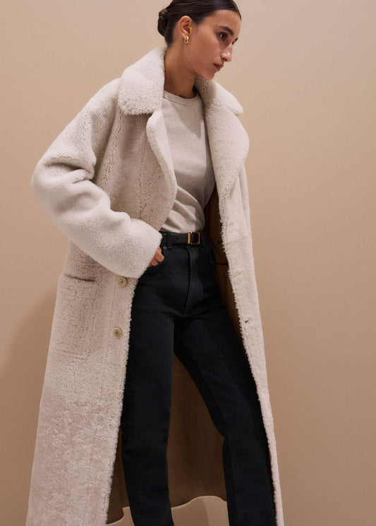 ME+EM Cream Reversible Shearling Coat + Belt