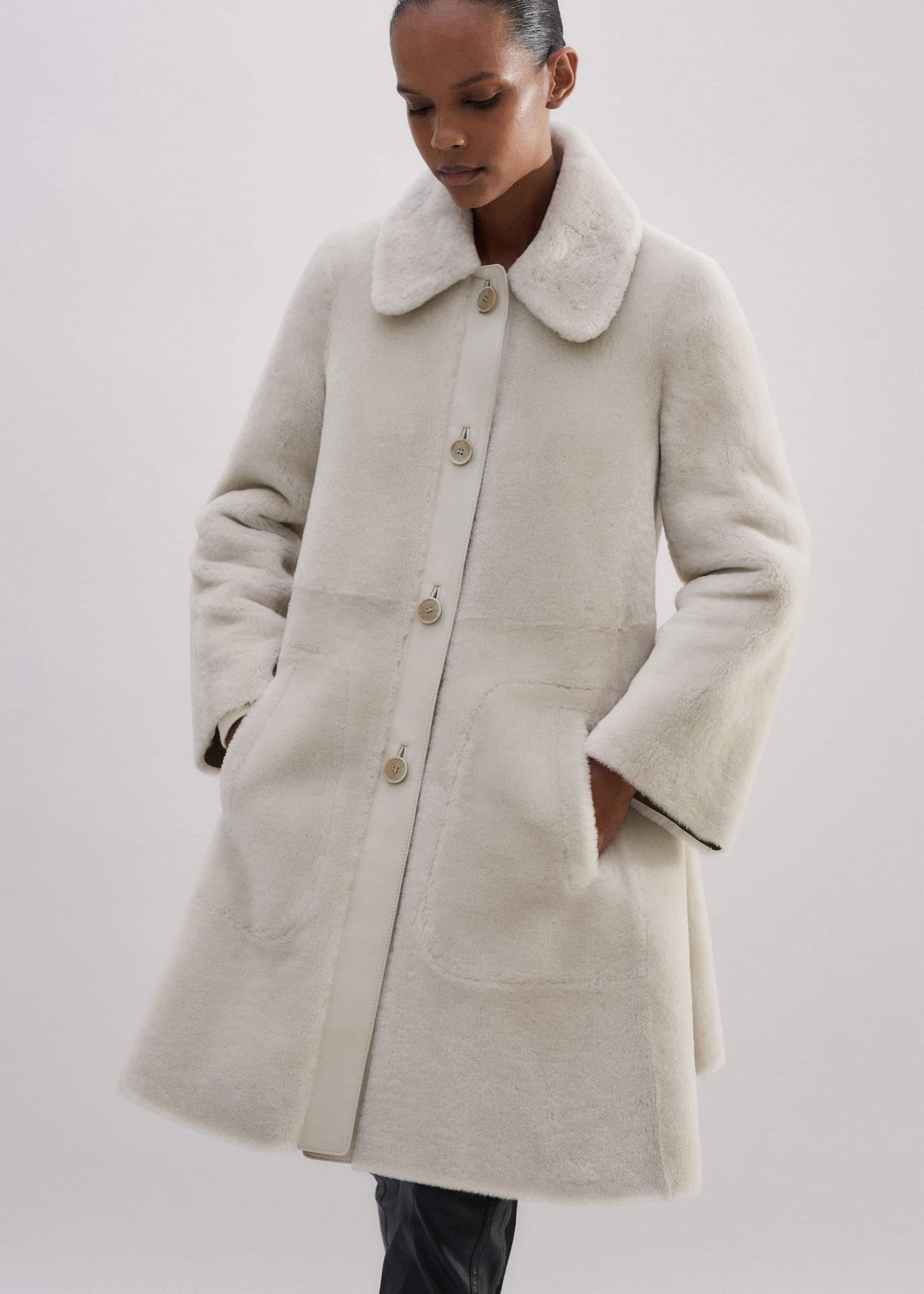 ME+EM Natural Luxe Shearling Leather-Mix Swing Coat