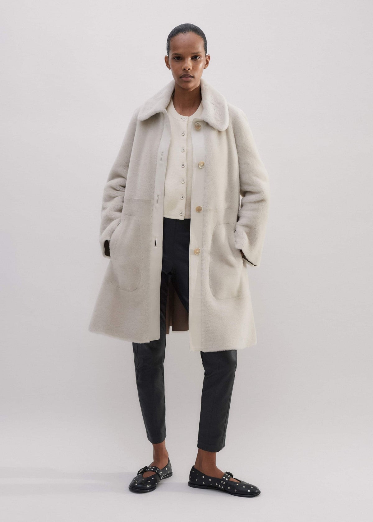 ME+EM Natural Luxe Shearling Leather-Mix Swing Coat
