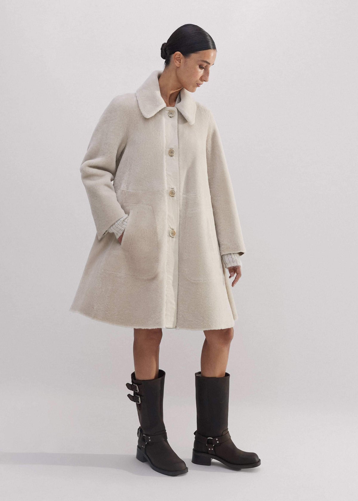 ME+EM Natural Luxe Shearling Leather-Mix Swing Coat