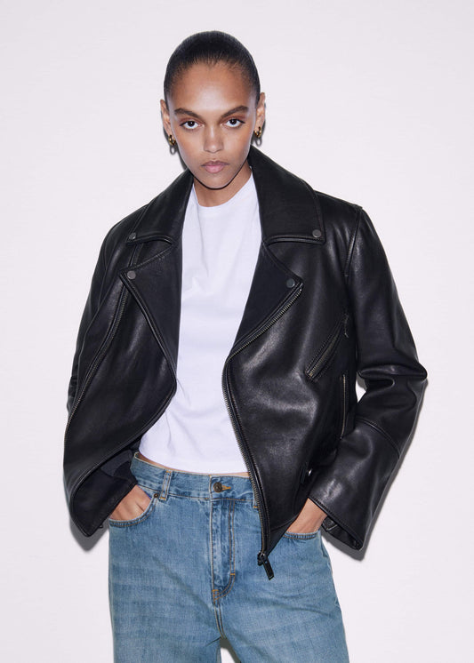 ME+EM Black Authentic Leather Biker Jacket