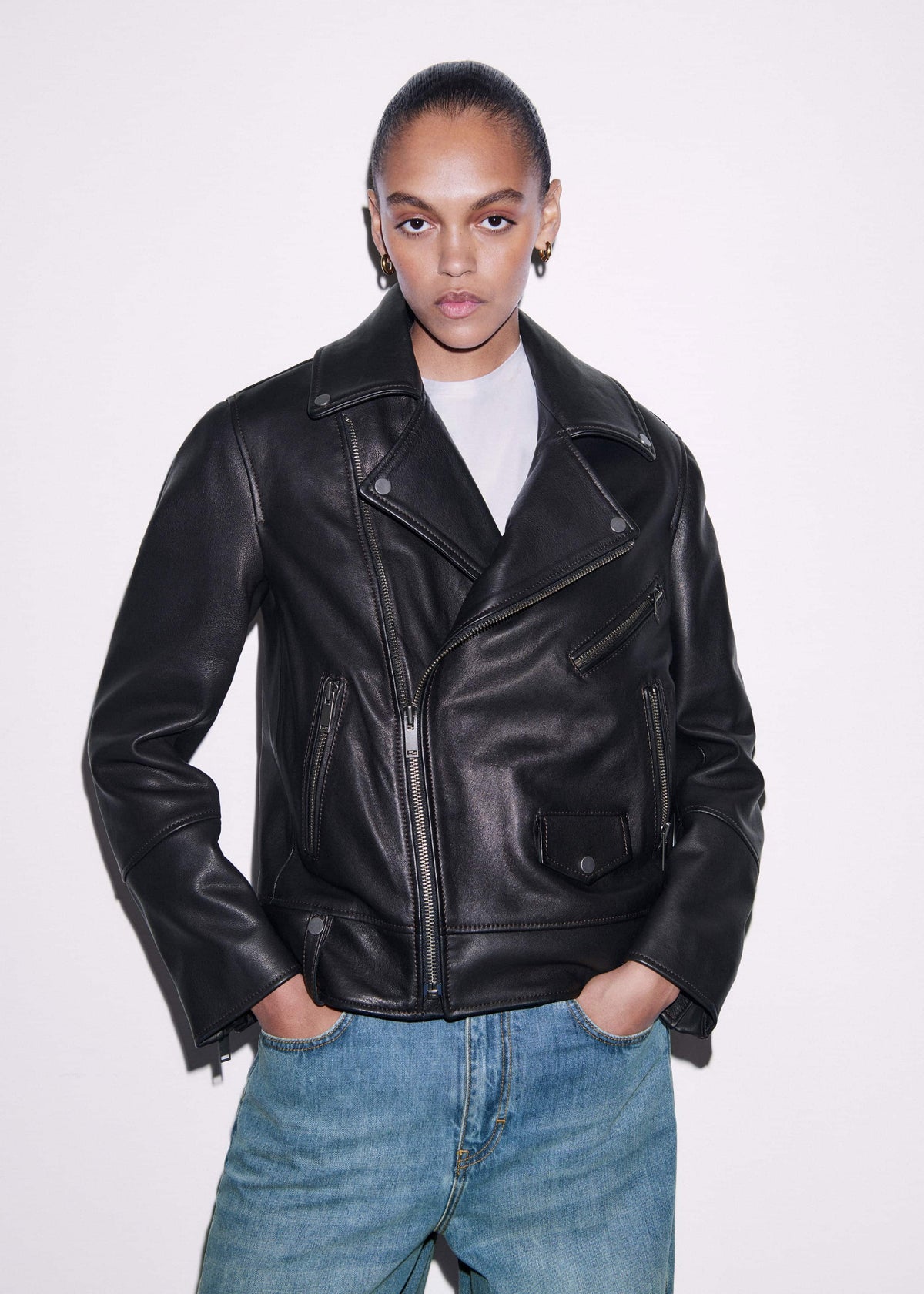 ME+EM Black Authentic Leather Biker Jacket