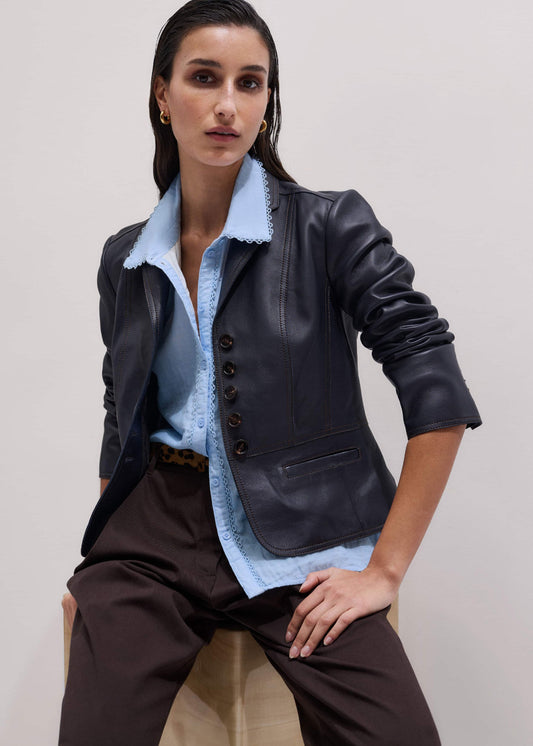 ME+EM Navy Leather Luxe Short Fitted Blazer