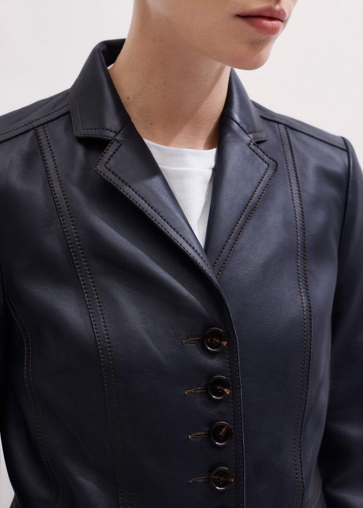 ME+EM Navy Leather Luxe Short Fitted Blazer