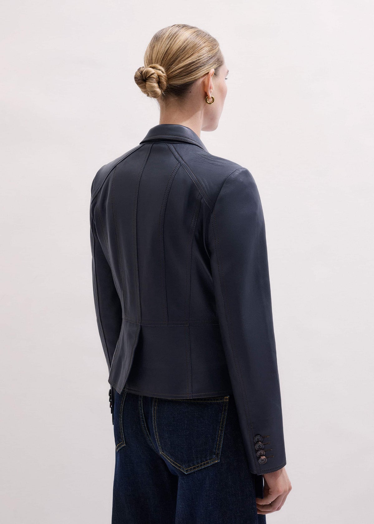 ME+EM Navy Leather Luxe Short Fitted Blazer