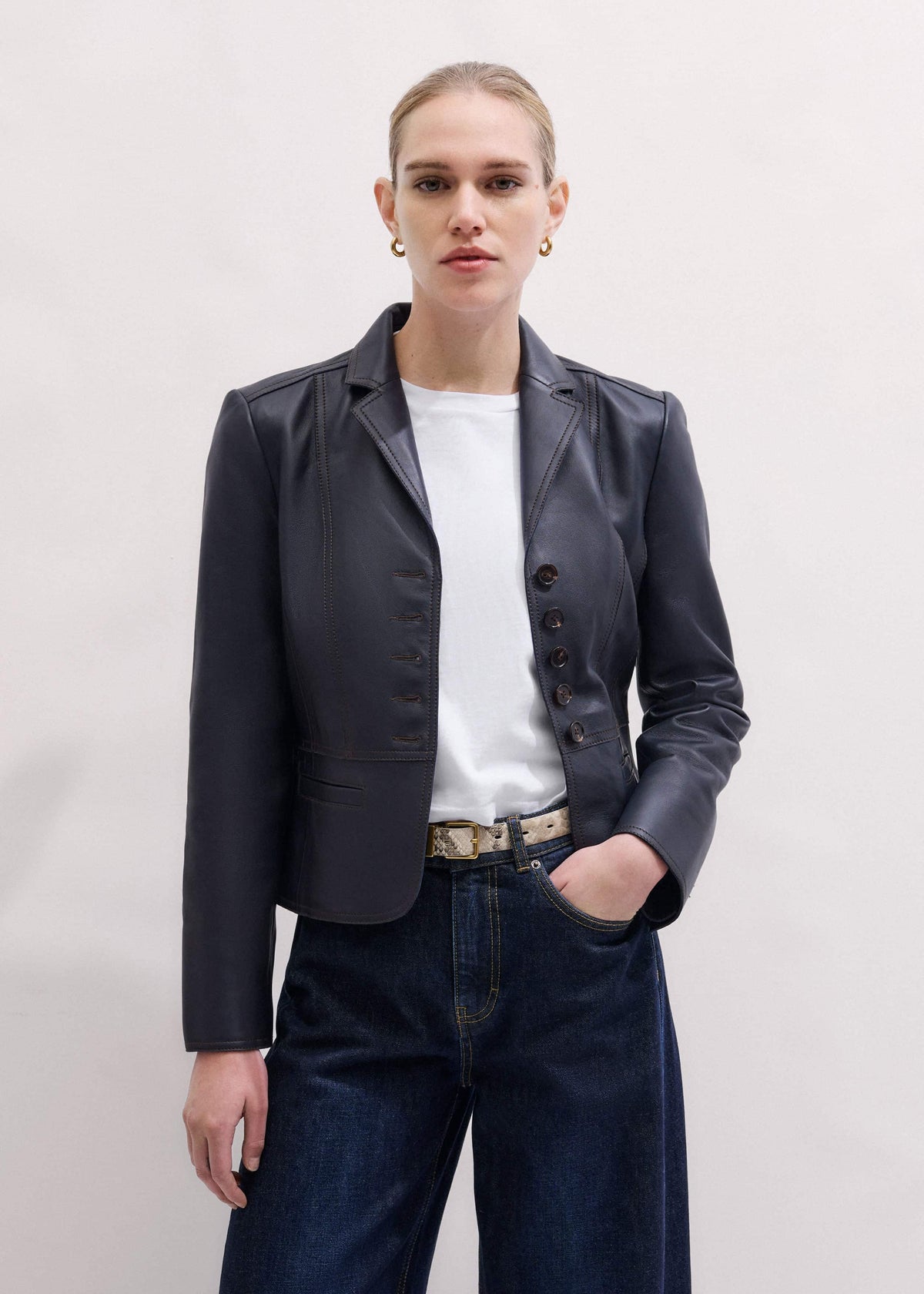 ME+EM Navy Leather Luxe Short Fitted Blazer
