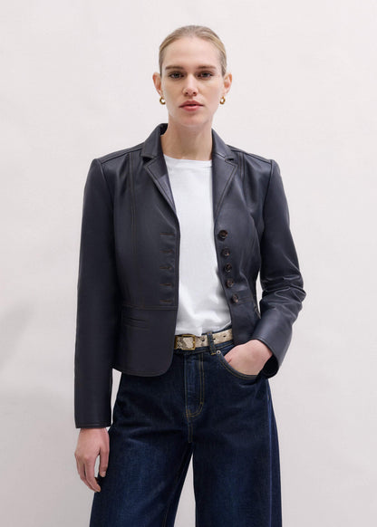 ME+EM Navy Leather Luxe Short Fitted Blazer