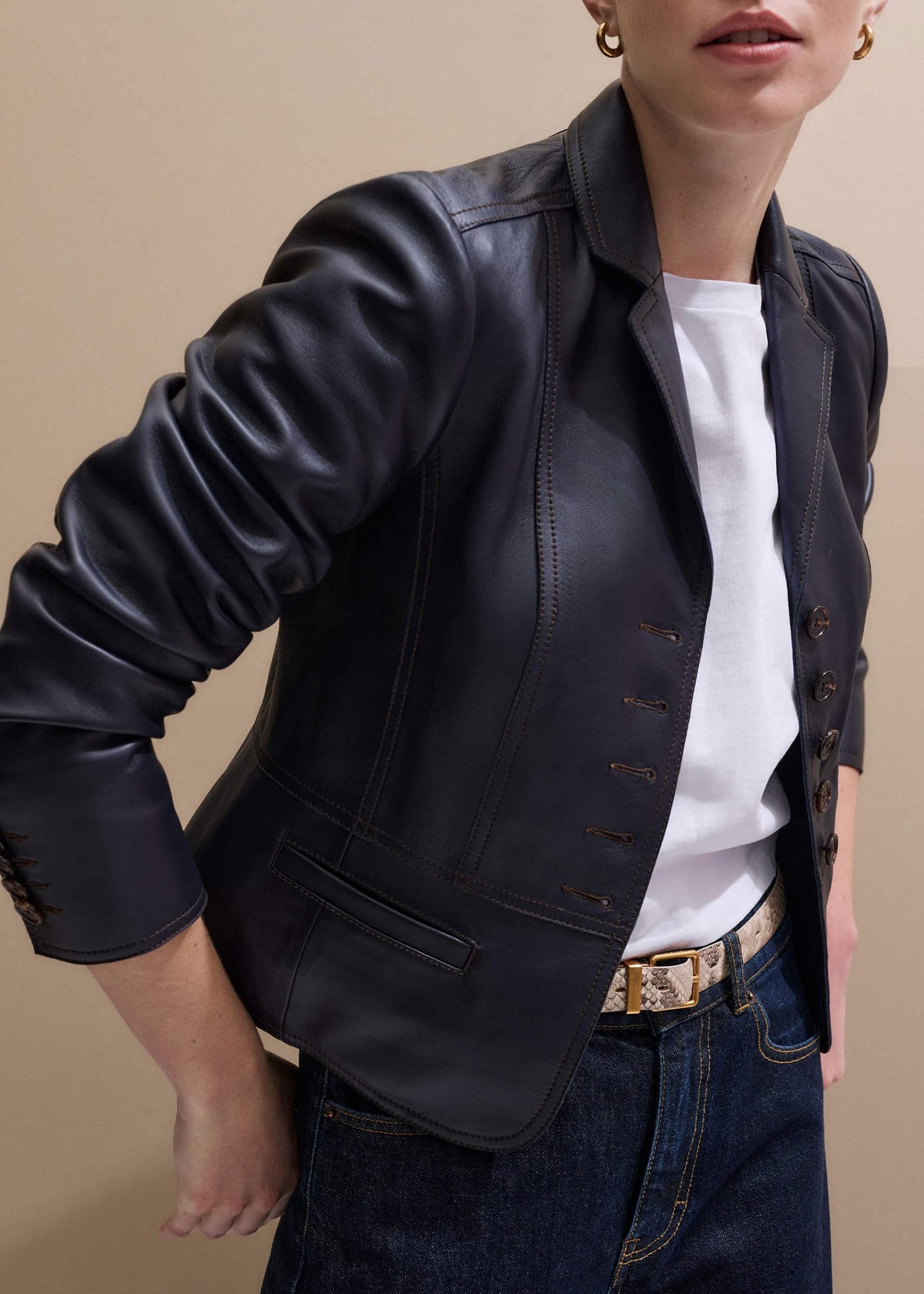 ME+EM Navy Leather Luxe Short Fitted Blazer