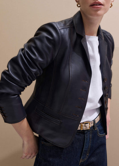 ME+EM Navy Leather Luxe Short Fitted Blazer