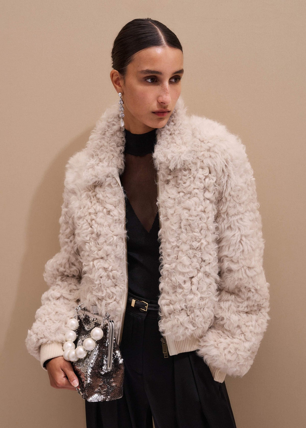 ME+EM Cream Luxe Shearling Bomber Jacket