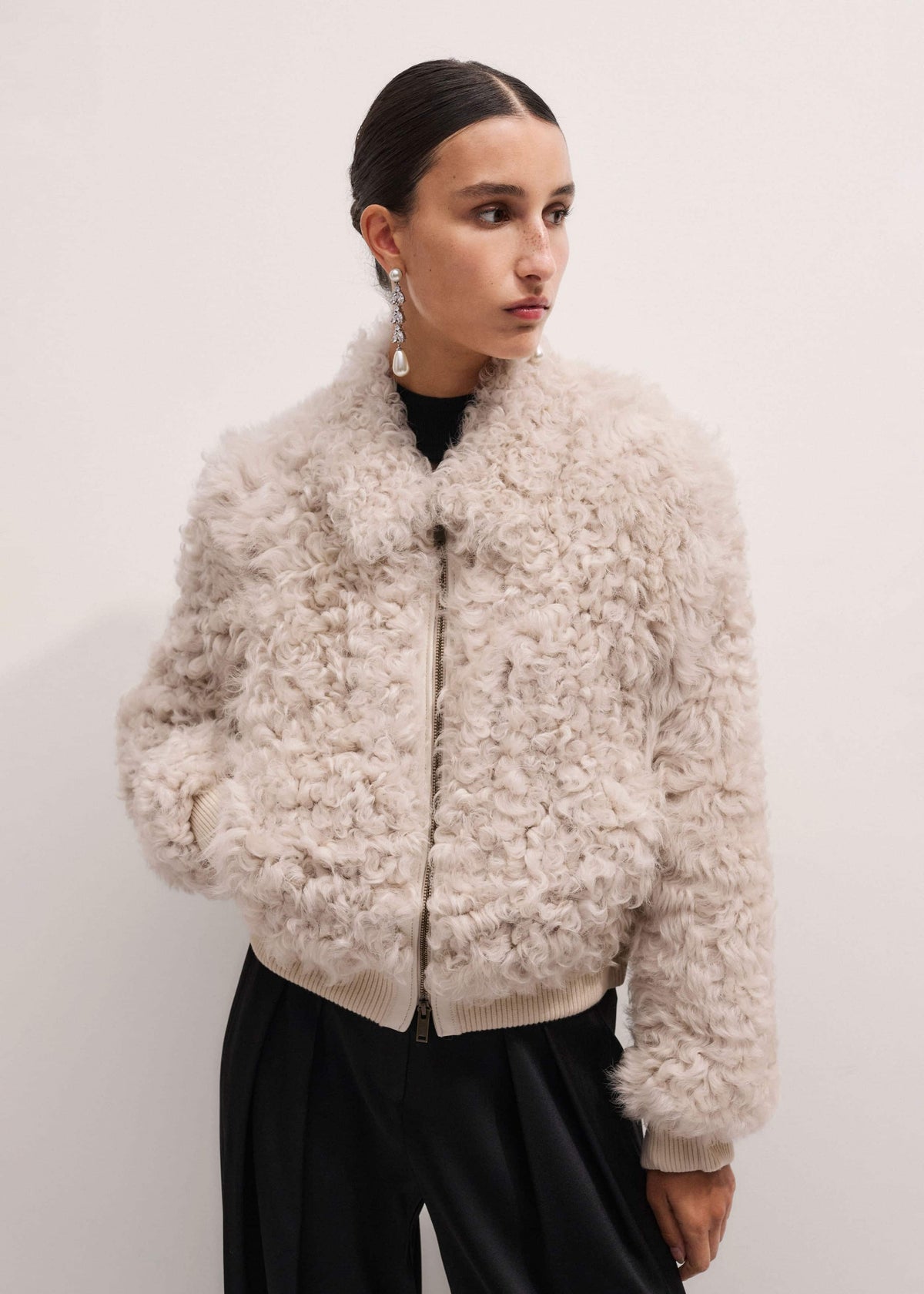 ME+EM Cream Luxe Shearling Bomber Jacket