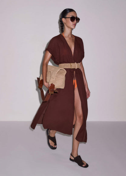 ME+EM Cinnamon Brown Tie Front Maxi Cover Up