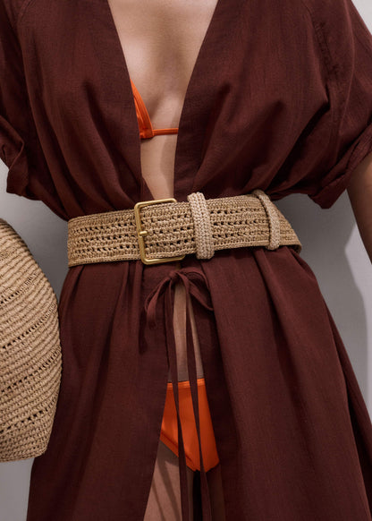 ME+EM Tan Raffia Wide Summer Belt