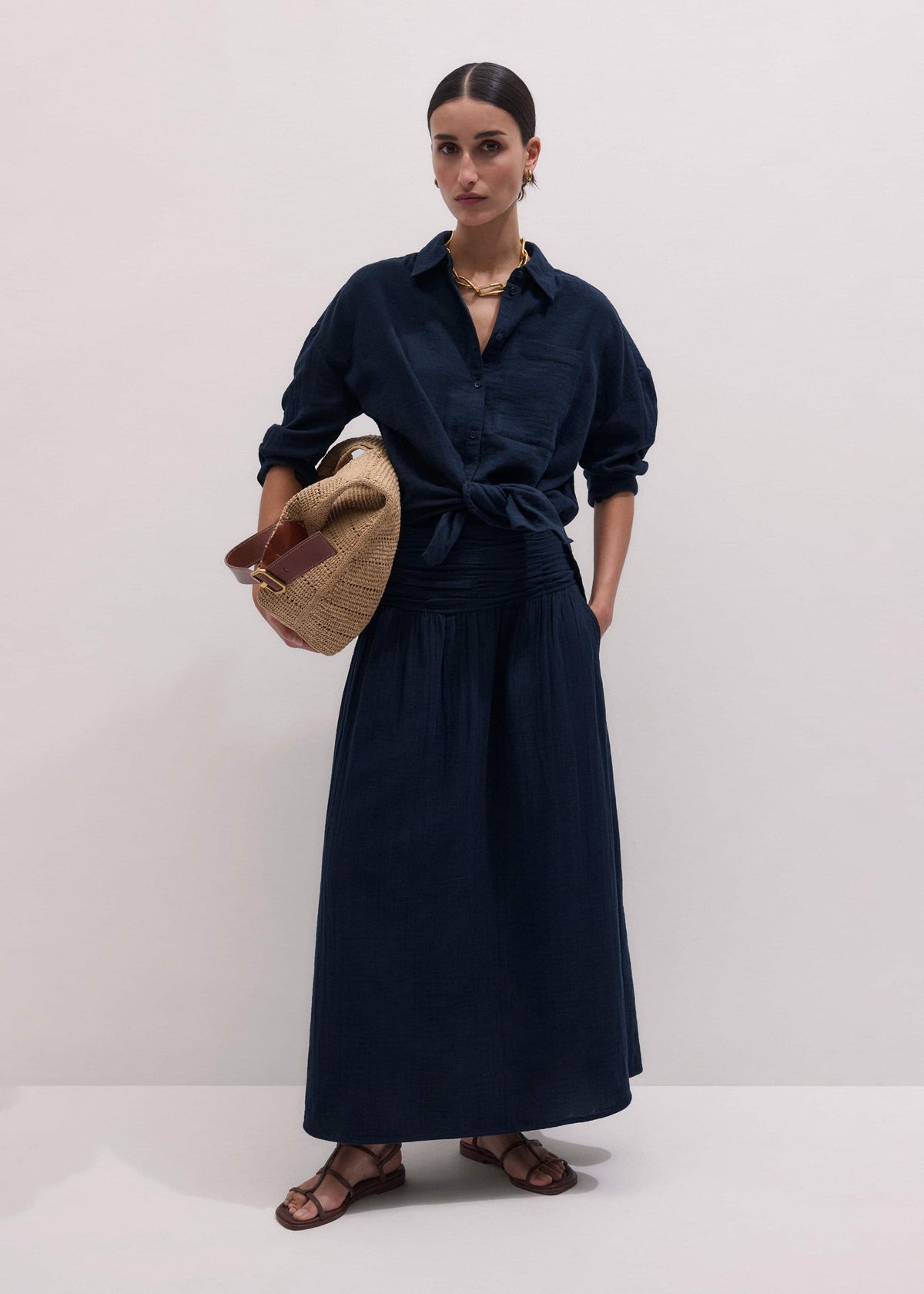 ME+EM Navy Cheesecloth Relaxed Maxi Skirt