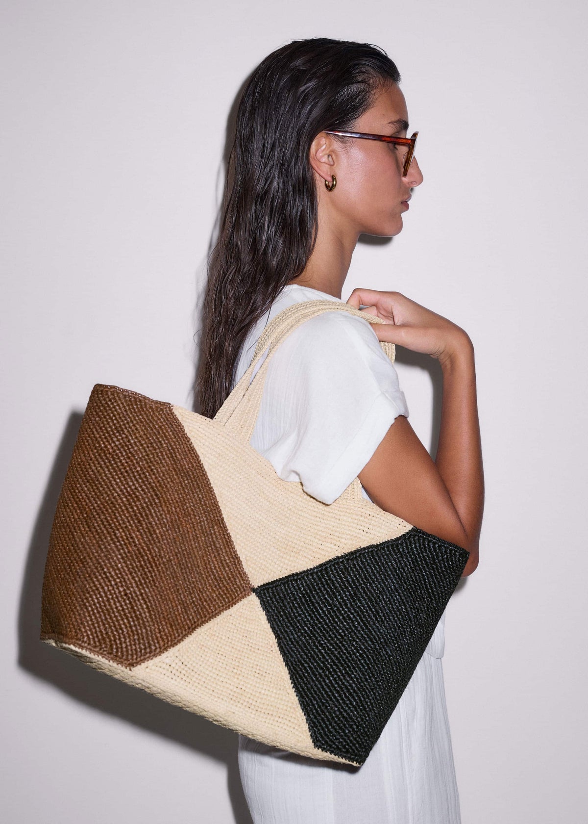 ME+EM Brown Contrast Raffia Tote Bag