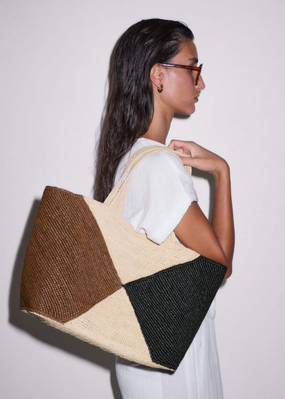 ME+EM Brown Contrast Raffia Tote Bag