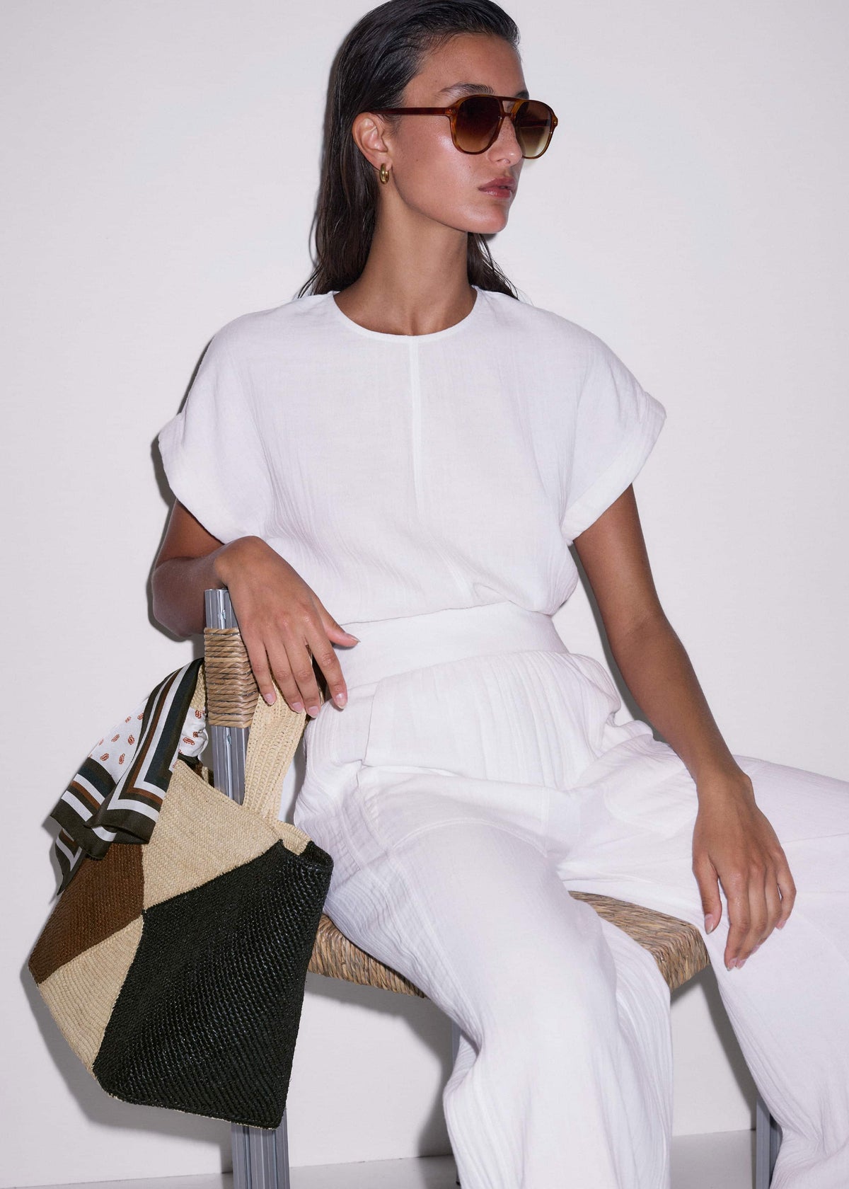 ME+EM Brown Contrast Raffia Tote Bag