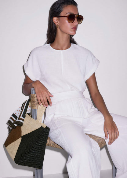 ME+EM Brown Contrast Raffia Tote Bag