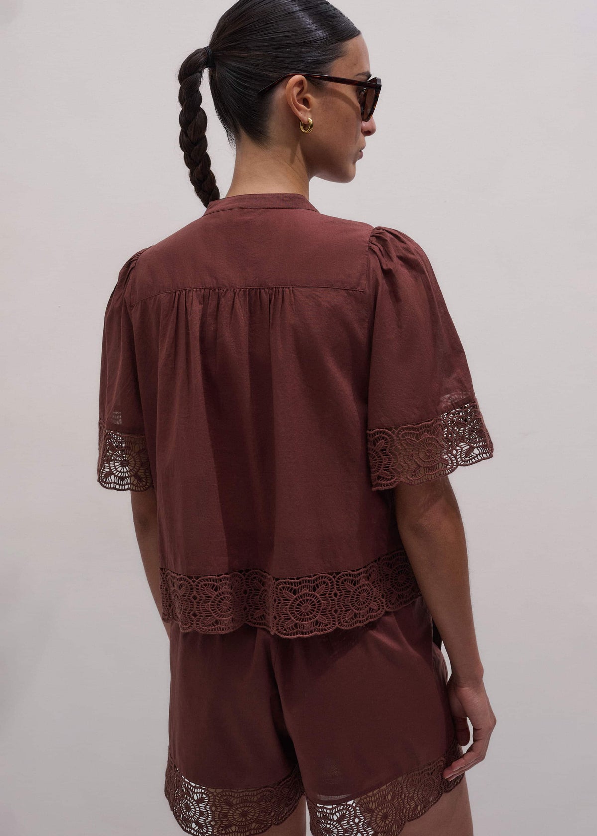 ME+EM Cinnamon Brown Lace Trim Crop Top