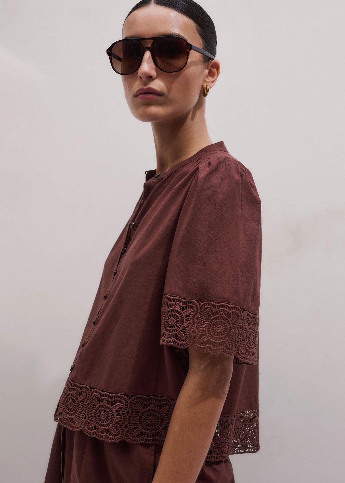 ME+EM Cinnamon Brown Lace Trim Crop Top