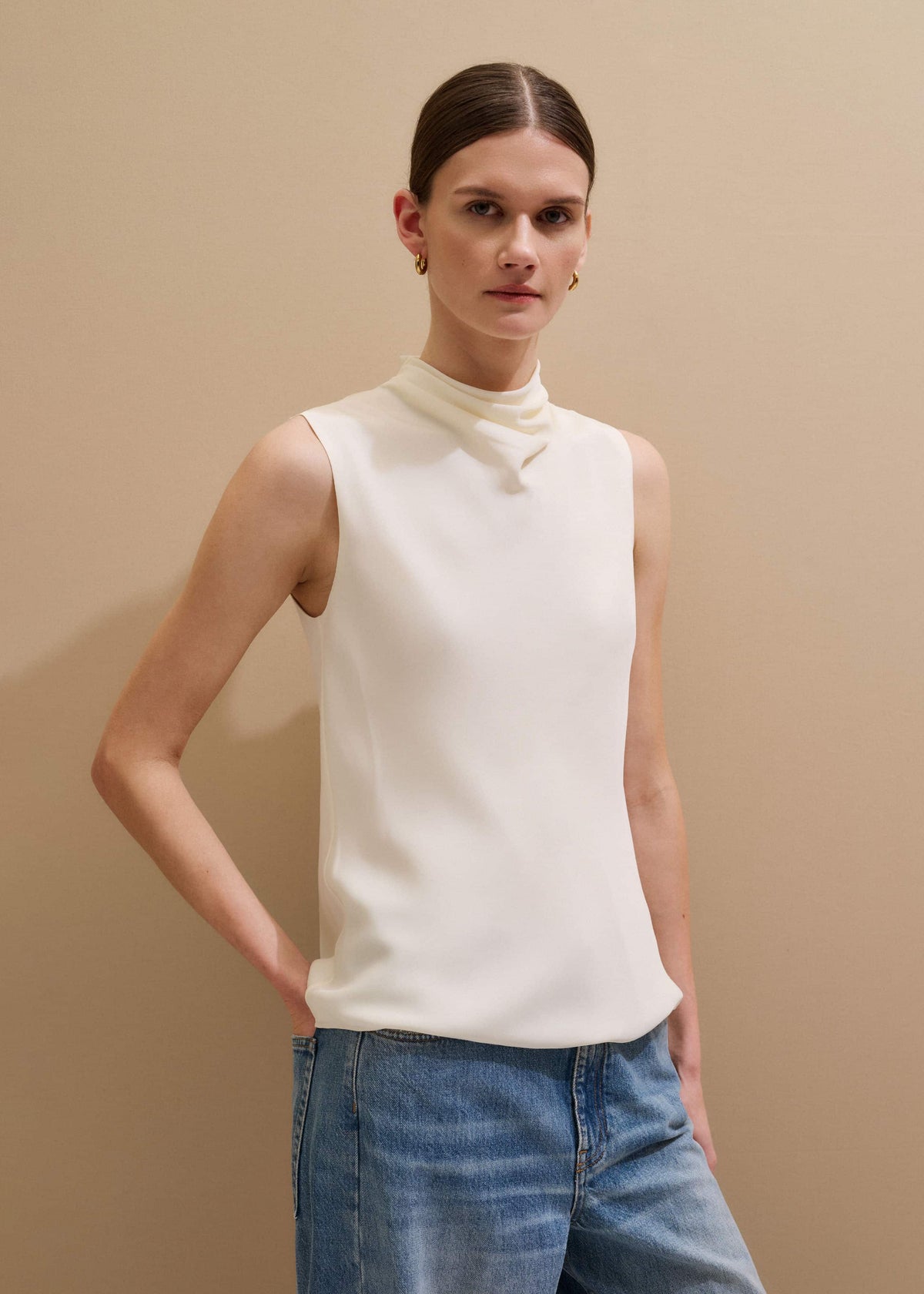 ME+EM Cream Silk Elevated Cowl Neck Top