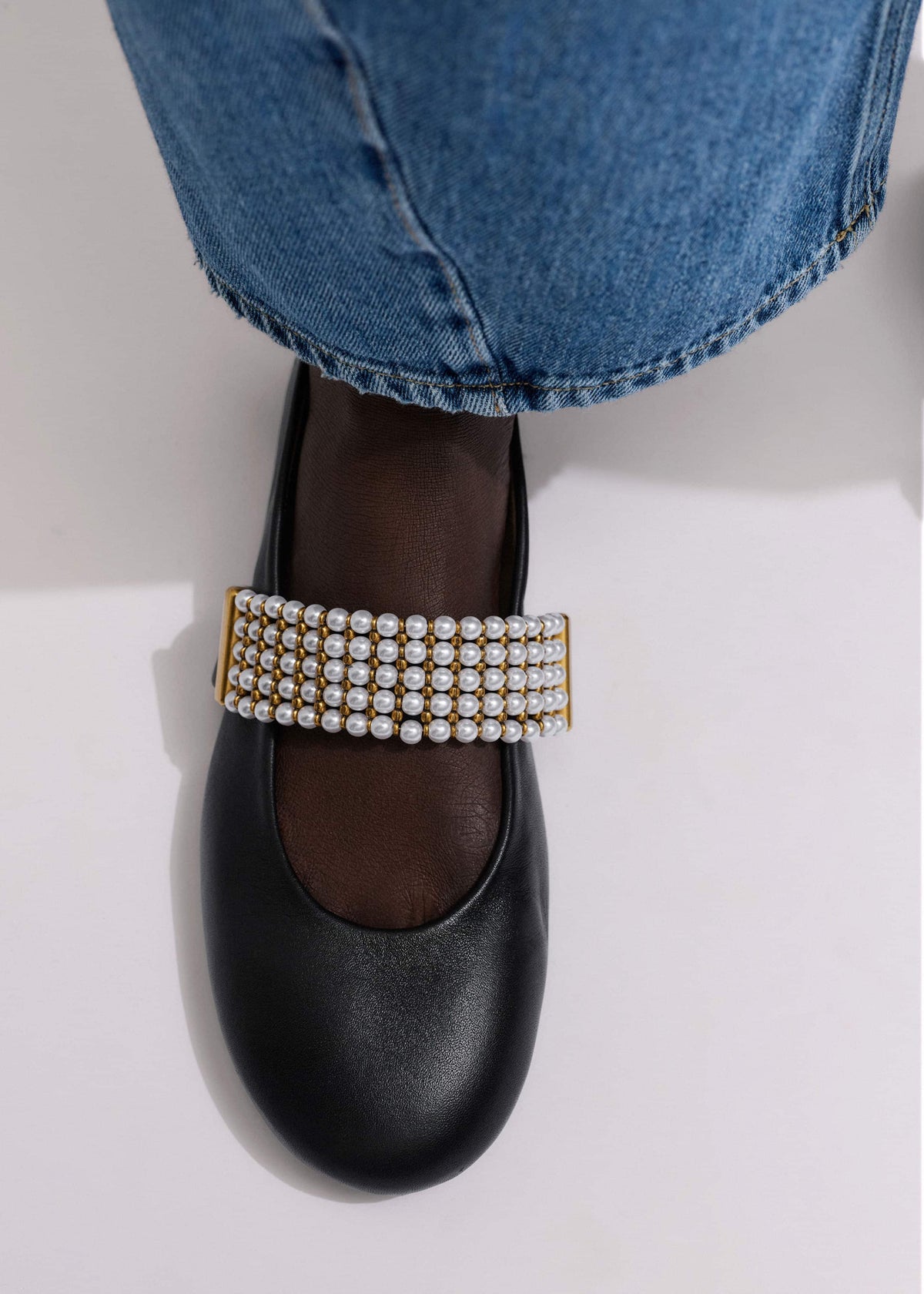 ME+EM Black Pearl Trim Round Ballet Flat