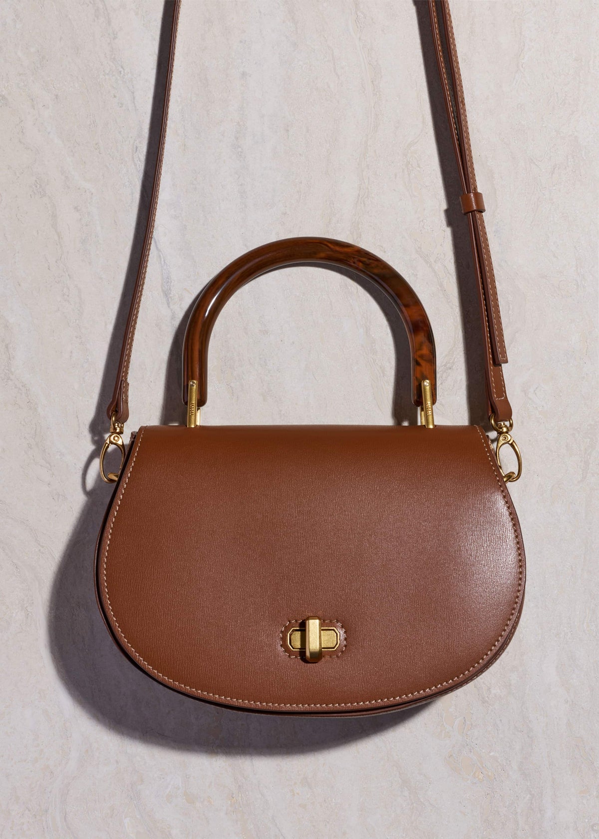 ME+EM Dark Tan Resin Top Handle Structured Saddle Bag