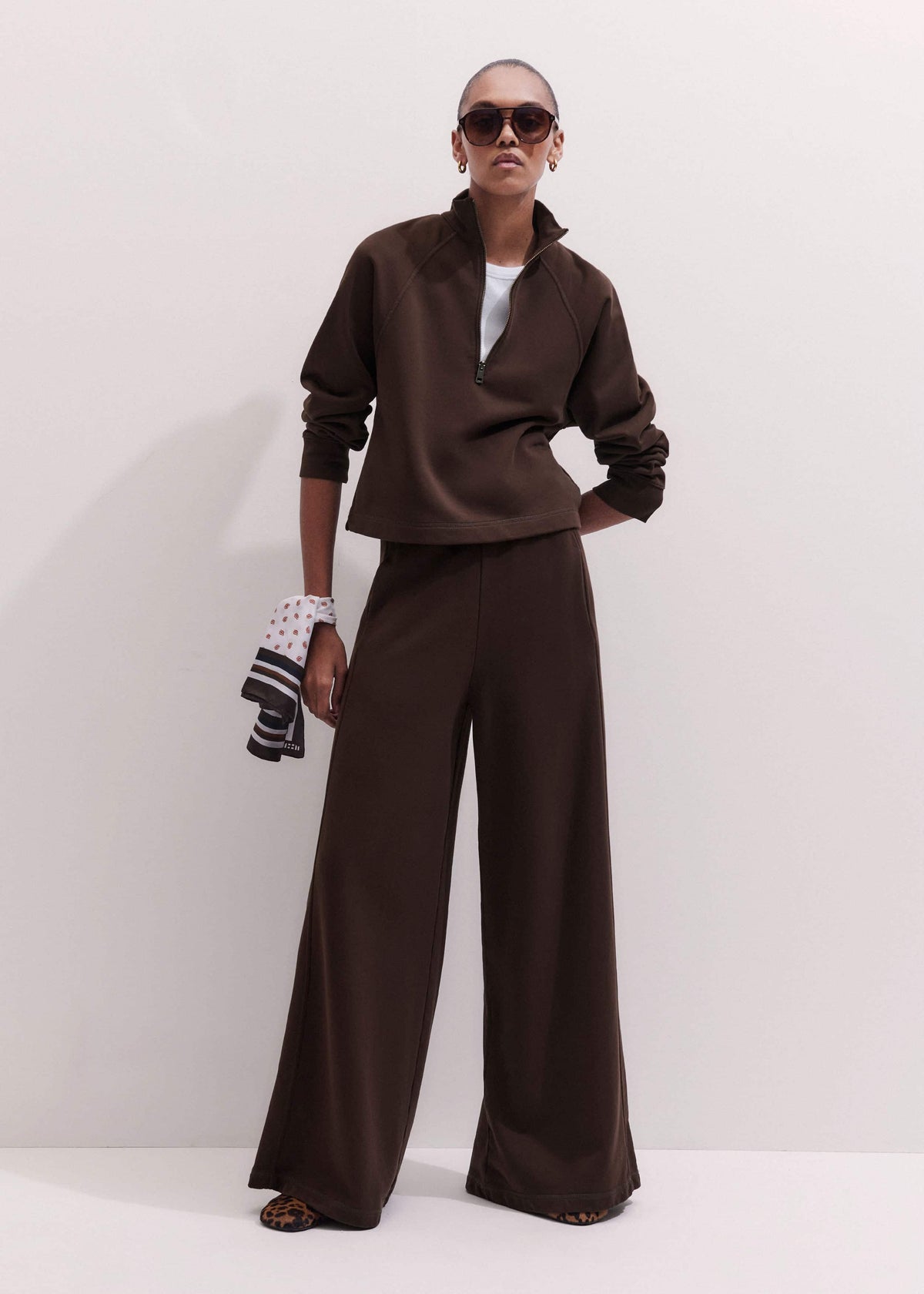 ME+EM Brown High Zip Neck Crop Top + Wide-Leg Track Pant Co-ord