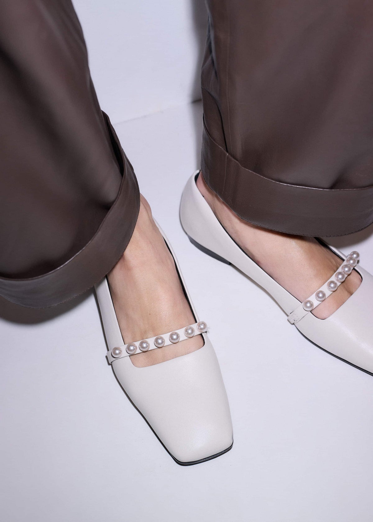 ME+EM Off White Faux Pearl Square Toe Ballerina Flat