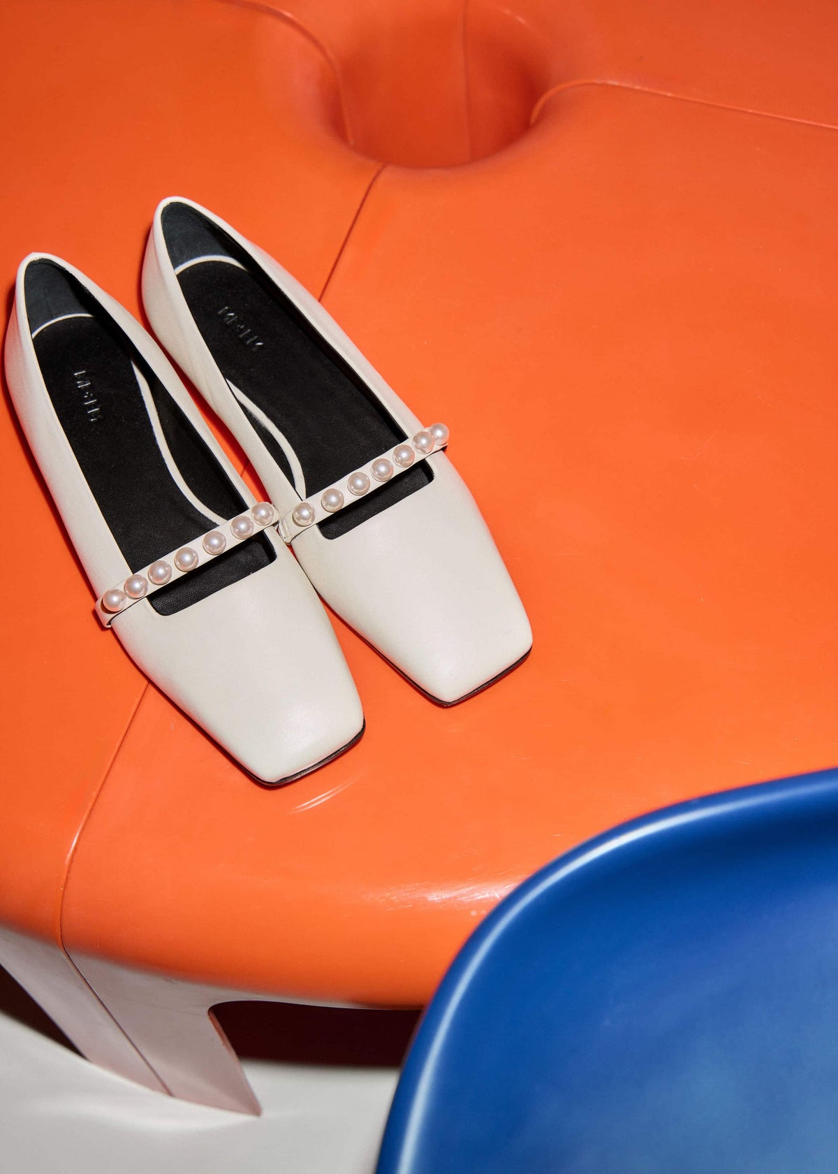 ME+EM Off White Faux Pearl Square Toe Ballerina Flat