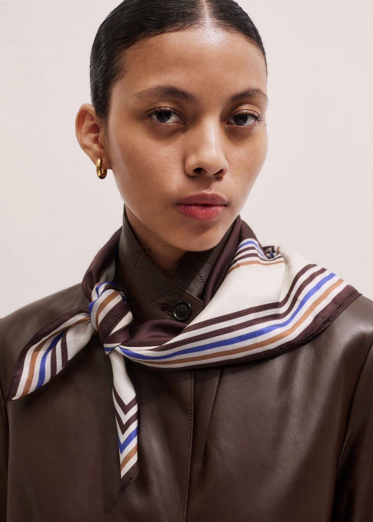 ME+EM Brown Striped Silk Multi-Border Scarf