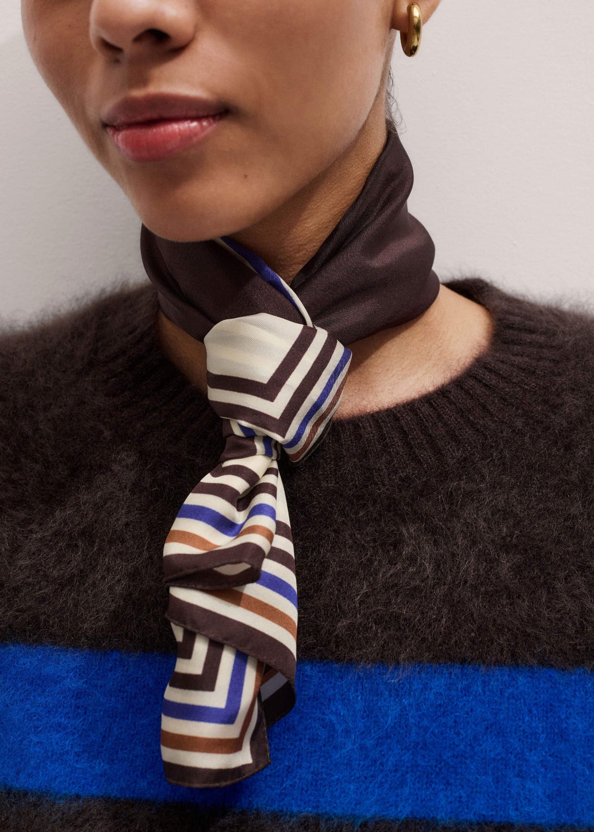 ME+EM Brown Striped Silk Multi-Border Scarf