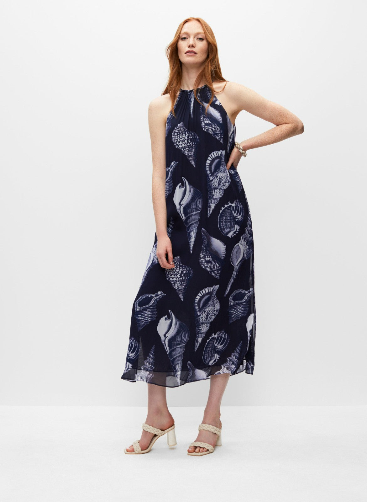 Women Seashell Print Chiffon Midi Dress Blue Pattern | Melanie Lyne
