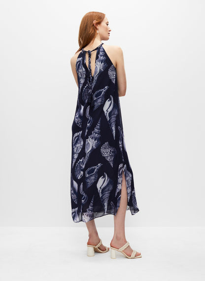 Women Seashell Print Chiffon Midi Dress Blue Pattern | Melanie Lyne