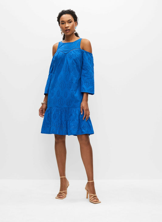 Women Cold Shoulder Cotton Eyelet Dress French Blue | Melanie Lyne