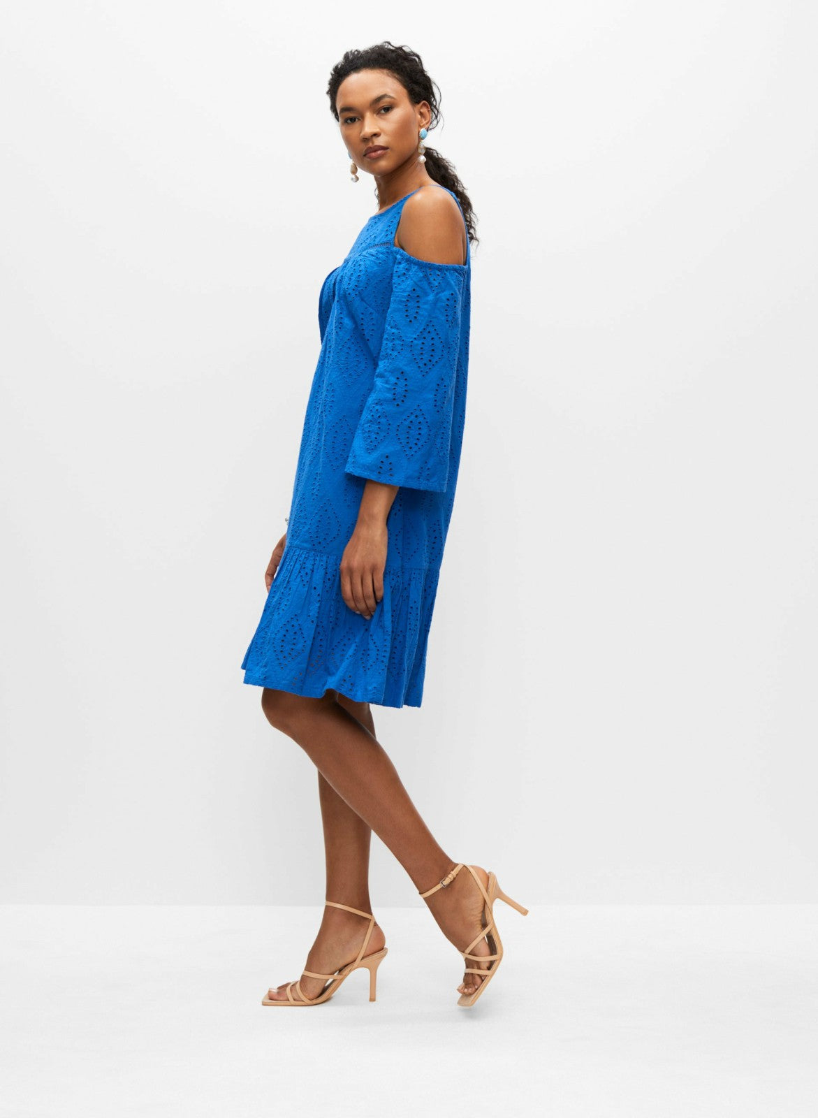 Women Cold Shoulder Cotton Eyelet Dress French Blue | Melanie Lyne