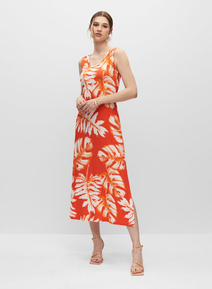 Women Palm Leaf Print Jersey Dress Orange Pattern | Melanie Lyne