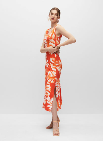 Women Palm Leaf Print Jersey Dress Orange Pattern | Melanie Lyne