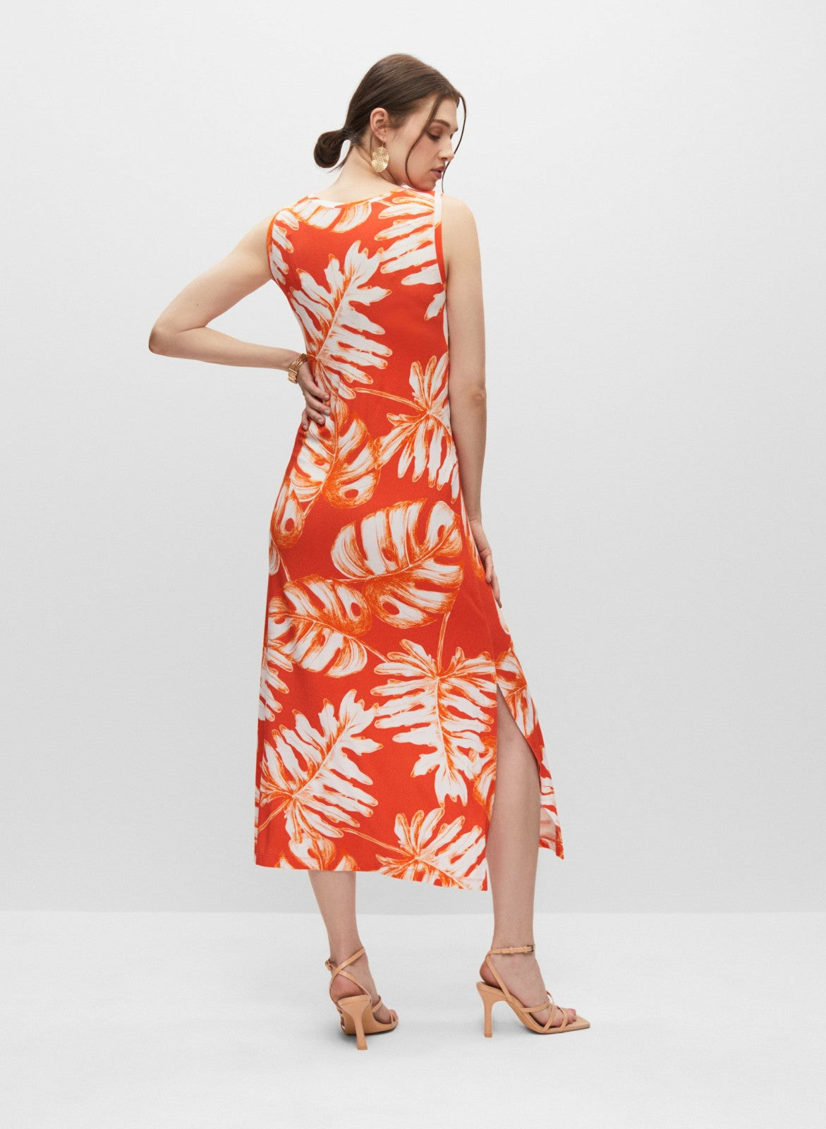 Women Palm Leaf Print Jersey Dress Orange Pattern | Melanie Lyne