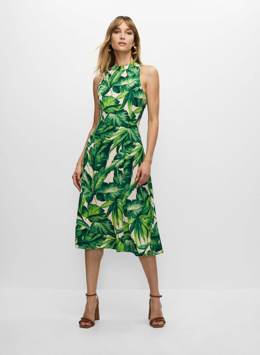 Women Leaf Print Halter Midi Dress Green Pattern | Melanie Lyne