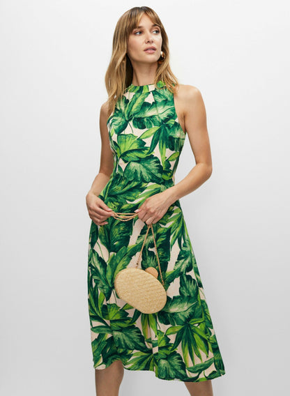Women Leaf Print Halter Midi Dress Green Pattern | Melanie Lyne