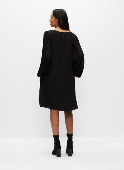Women Pleated Balloon Sleeve Chiffon Dress Black | Melanie Lyne