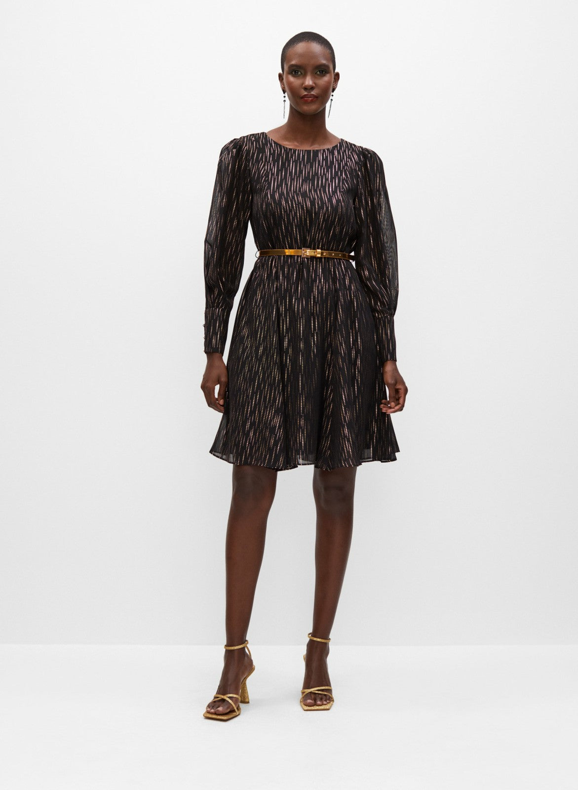Women Belted Metallic Print Dress Black Pattern | Melanie Lyne