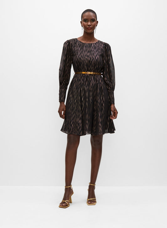 Women Belted Metallic Print Dress Black Pattern | Melanie Lyne